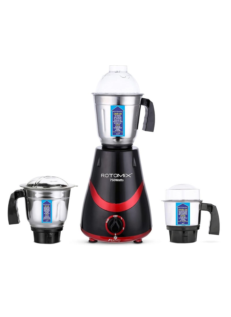 Rotomix Necklace 750W Mixer Grinder with 3 Stainless Steel Jars 1 Wet Jar 1 Dry Jar and 1 Chutney Jar BlackREDMake in IndiaISI Certified