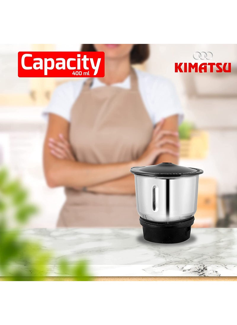 Kimatsu Stainless Steel Chutney Jar for Mixer Grinder 400 mL Small Compatibility with all mixer grinders with 2 sloths of jar fitting with 4 teeth coupler SilverSilver