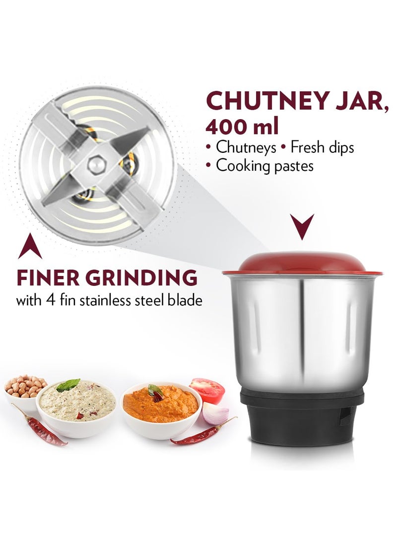 Borosil Best Mixer Grinder For WetDry Mixing Grinding 500 Watts 3 Jars 400 ml Chutney Jar 15 L Blending Jar 1 L Grinding Jar Mixie For Kitchen