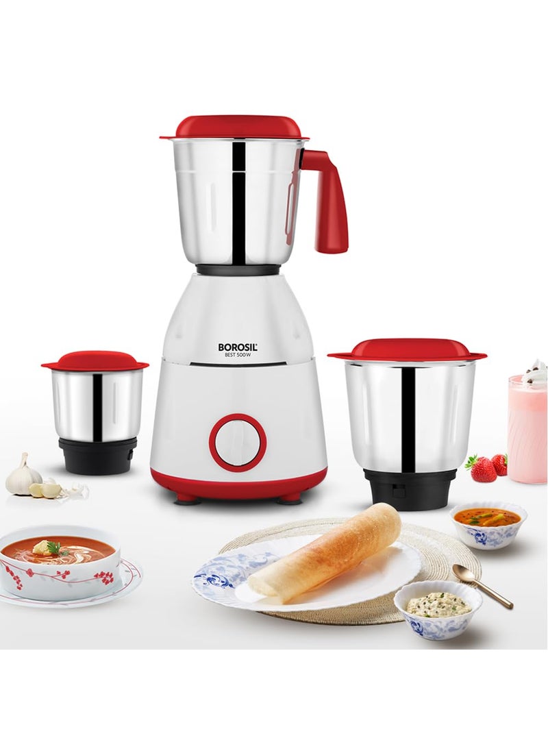 Borosil Best Mixer Grinder For WetDry Mixing Grinding 500 Watts 3 Jars 400 ml Chutney Jar 15 L Blending Jar 1 L Grinding Jar Mixie For Kitchen