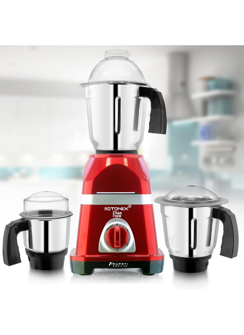 Rotomix Latest New Model DIAA 750Watts Mixer Grinder with 3 Stainless Steel Jars Dry Jar Chutney Jar Liquid Jar RedSilverCompany 37 Years of Servicing Marketing and Manufacturing Since 1984