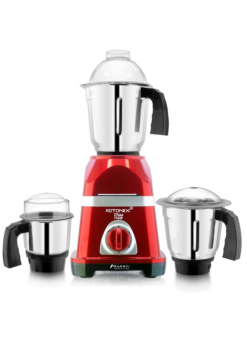 Rotomix Latest New Model DIAA 750Watts Mixer Grinder with 3 Stainless Steel Jars Dry Jar Chutney Jar Liquid Jar RedSilverCompany 37 Years of Servicing Marketing and Manufacturing Since 1984