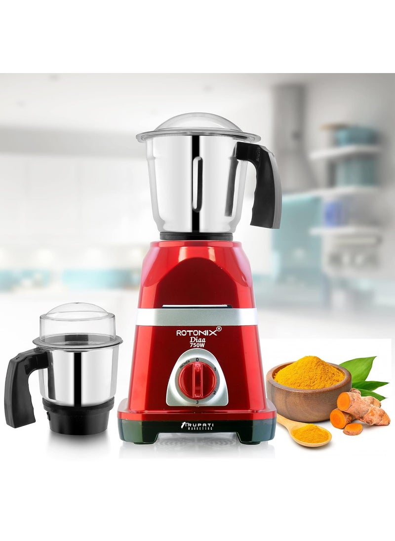 Rotomix Latest New Model DIAA 750Watts Mixer Grinder with 3 Stainless Steel Jars Dry Jar Chutney Jar Liquid Jar RedSilverCompany 37 Years of Servicing Marketing and Manufacturing Since 1984