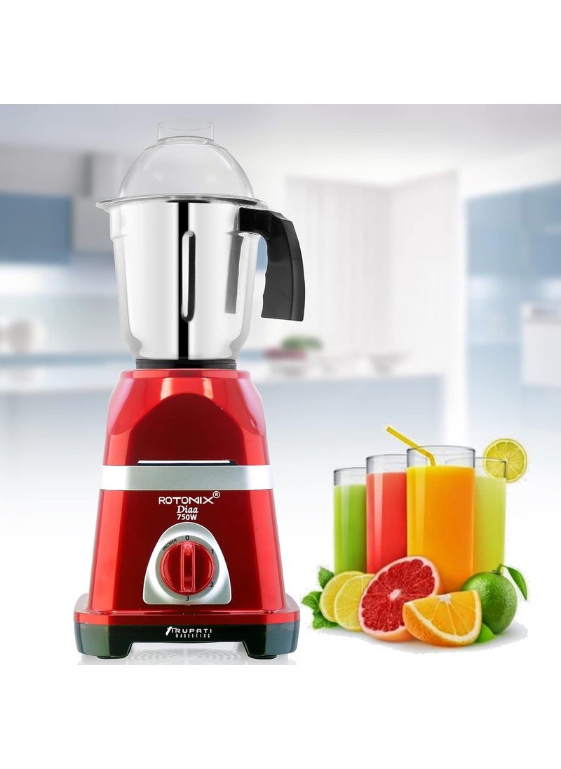 Rotomix Latest New Model DIAA 750Watts Mixer Grinder with 3 Stainless Steel Jars Dry Jar Chutney Jar Liquid Jar RedSilverCompany 37 Years of Servicing Marketing and Manufacturing Since 1984