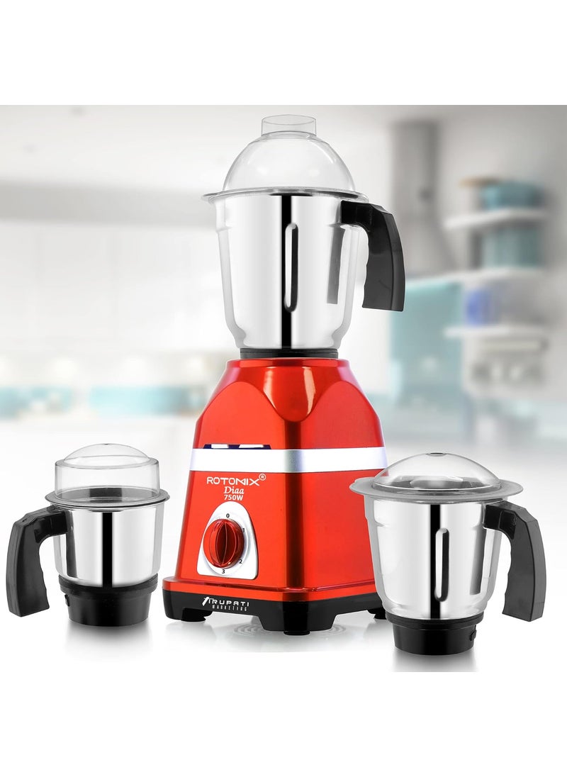 Rotomix Latest New Model DIAA 750Watts Mixer Grinder with 3 Stainless Steel Jars Dry Jar Chutney Jar Liquid Jar RedSilverCompany 37 Years of Servicing Marketing and Manufacturing Since 1984