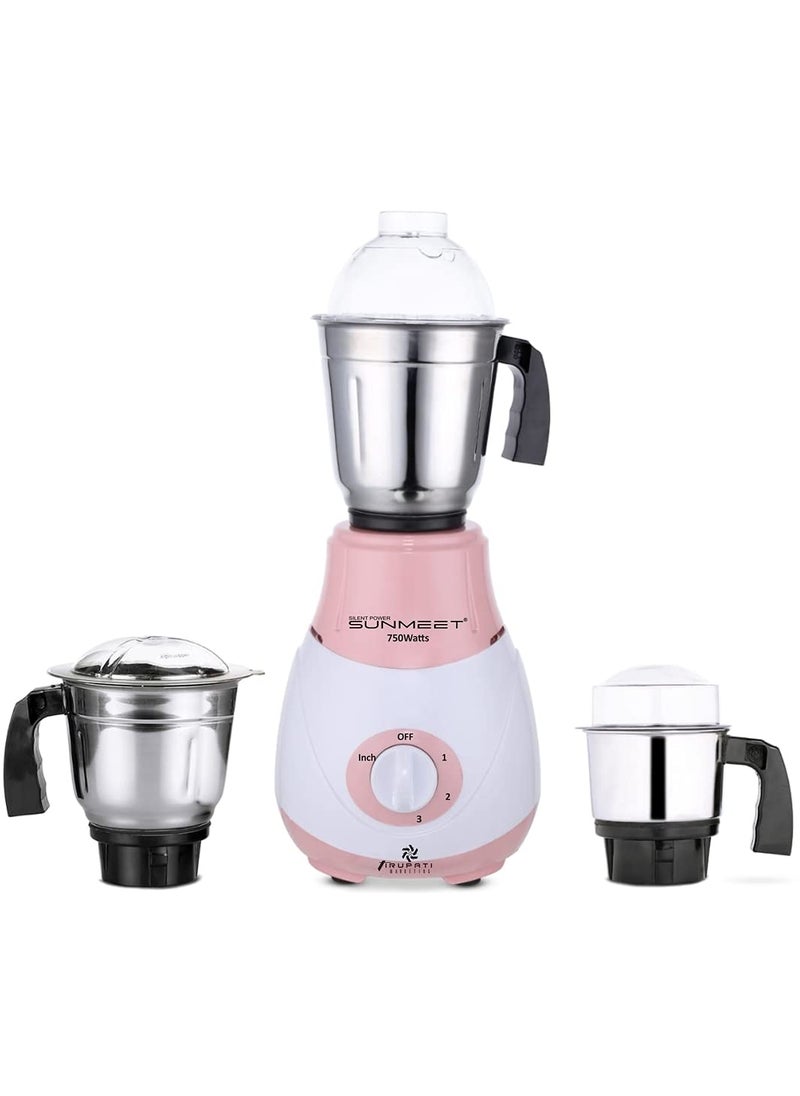 SilentPowerSunmeet Riaa 750W Mixer Grinder with 3 Stainless Steel Jars 1 Wet Jar 1 Dry Jar and 1 Chutney Jar PinkWhiteMake in IndiaISI Certified