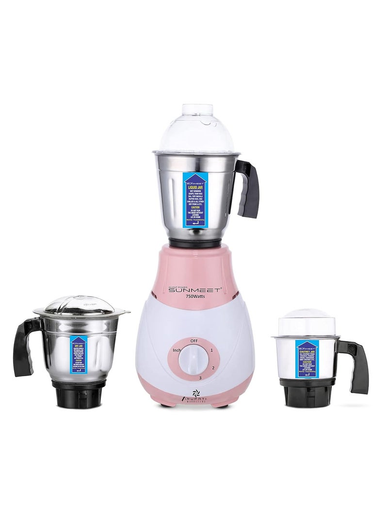 SilentPowerSunmeet Riaa 750W Mixer Grinder with 3 Stainless Steel Jars 1 Wet Jar 1 Dry Jar and 1 Chutney Jar PinkWhiteMake in IndiaISI Certified