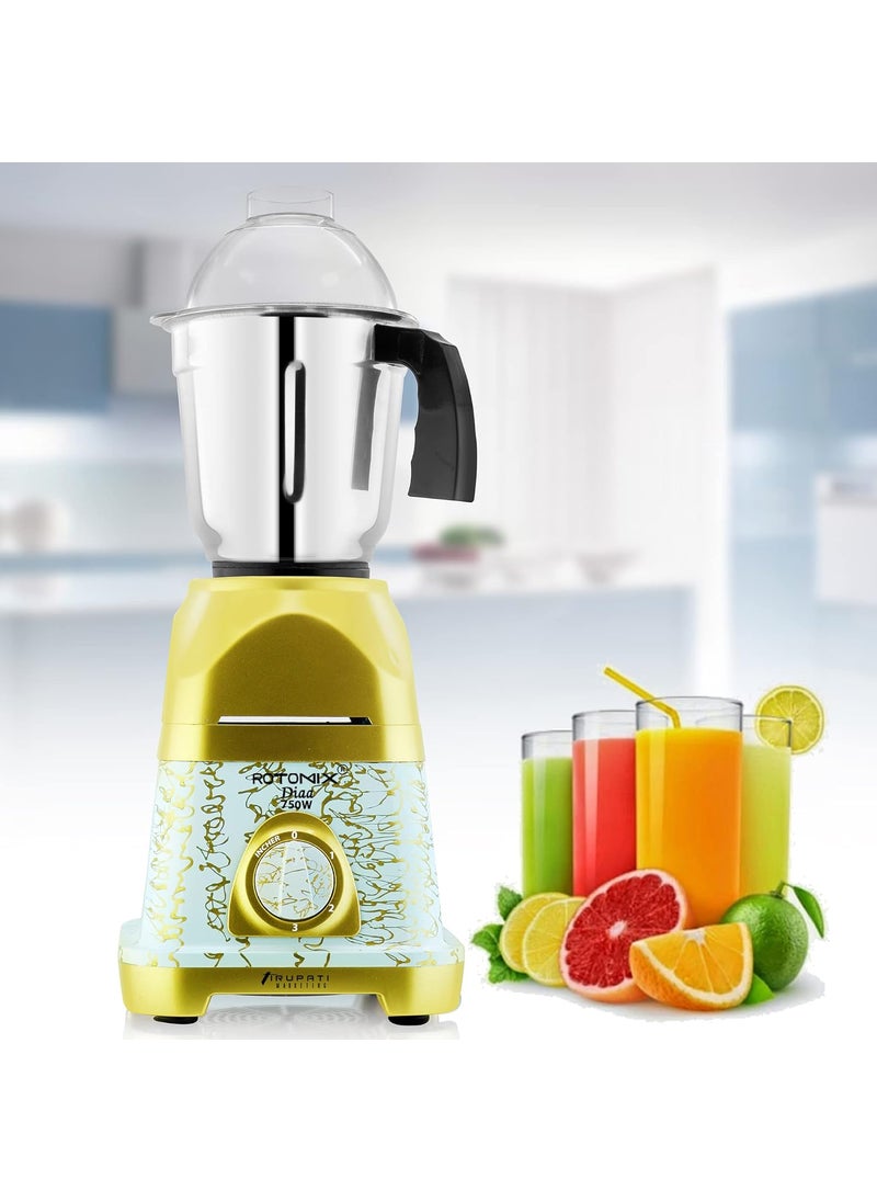 Rotomix Latest New Model DIAA 750Watts Mixer Grinder with 3 Stainless Steel Jars Dry Jar Chutney Jar Liquid Jar GoldWhiteCompany 37 Years of Servicing Marketing and Manufacturing Since 1984