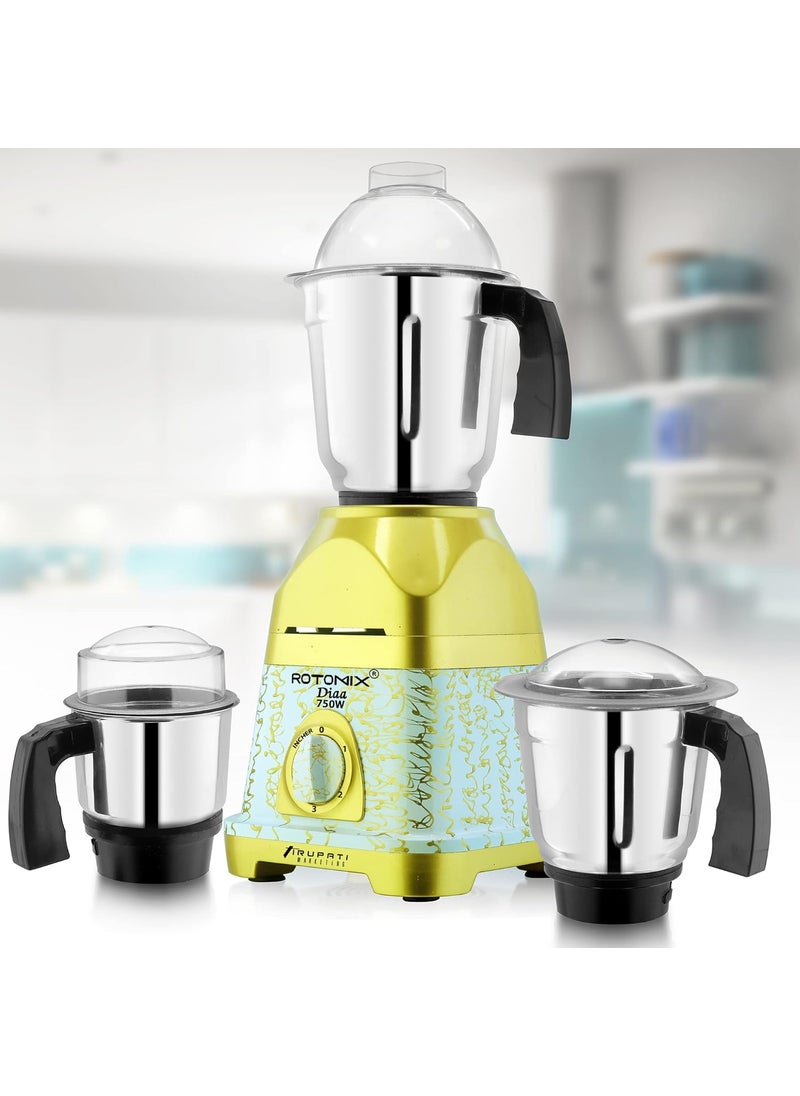 Rotomix Latest New Model DIAA 750Watts Mixer Grinder with 3 Stainless Steel Jars Dry Jar Chutney Jar Liquid Jar GoldWhiteCompany 37 Years of Servicing Marketing and Manufacturing Since 1984