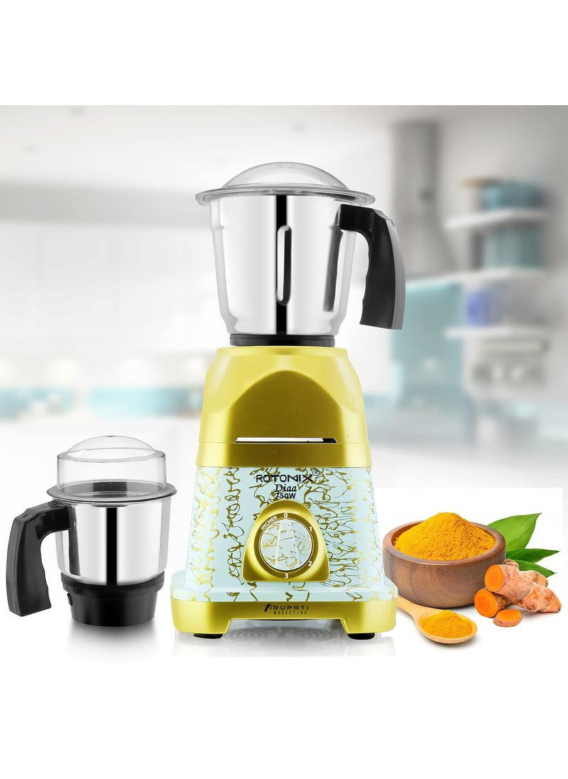 Rotomix Latest New Model DIAA 750Watts Mixer Grinder with 3 Stainless Steel Jars Dry Jar Chutney Jar Liquid Jar GoldWhiteCompany 37 Years of Servicing Marketing and Manufacturing Since 1984