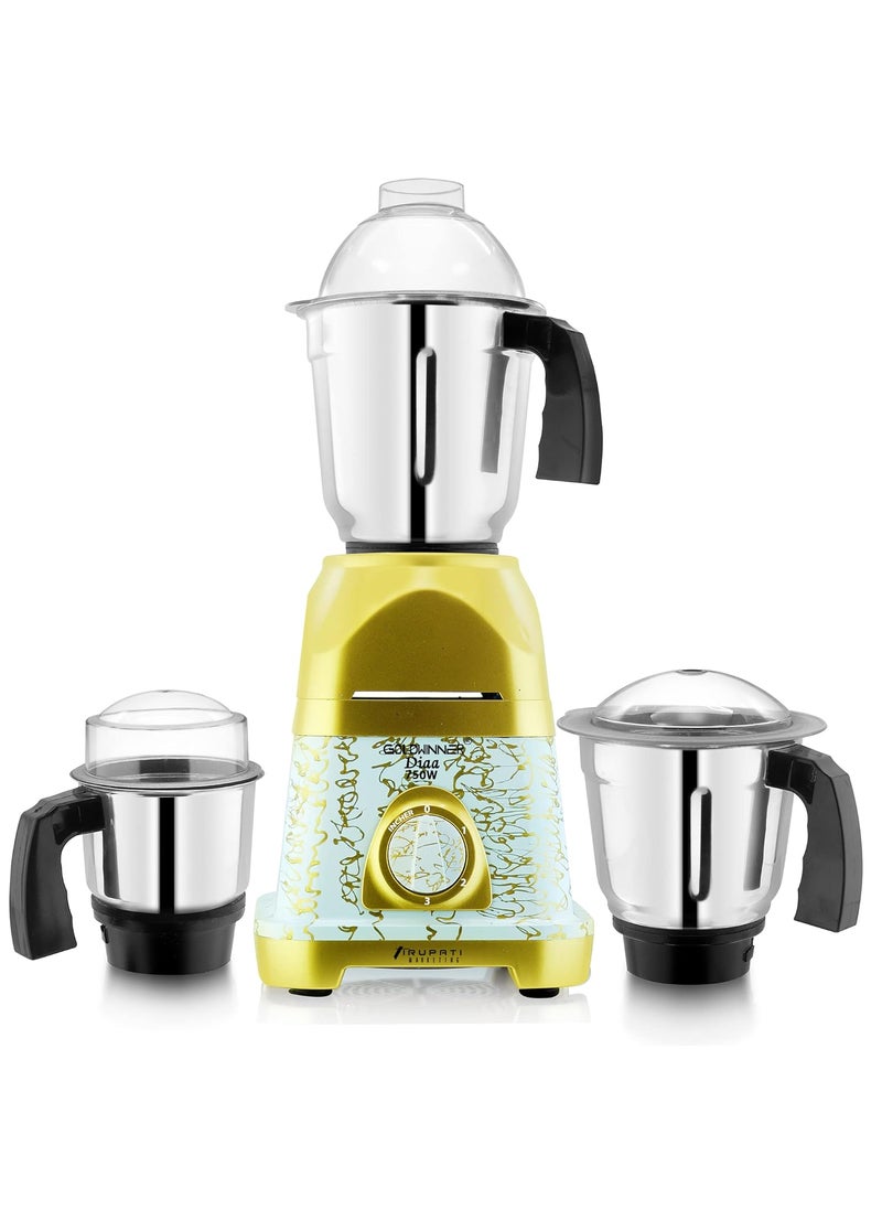 Goldwinner Latest New Model DIAA 750Watts Mixer Grinder with 3 Stainless Steel Jars Dry Jar Chutney Jar Liquid Jar GoldWhiteCompany 37 Years of Servicing Marketing and Manufacturing Since 1984