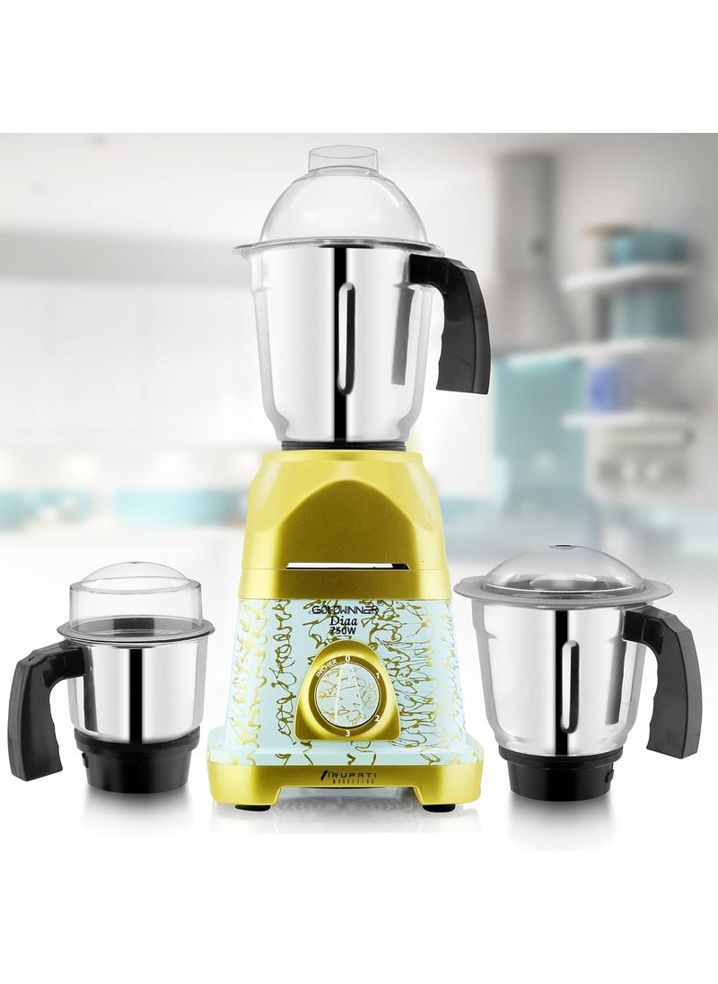 Goldwinner Latest New Model DIAA 750Watts Mixer Grinder with 3 Stainless Steel Jars Dry Jar Chutney Jar Liquid Jar GoldWhiteCompany 37 Years of Servicing Marketing and Manufacturing Since 1984