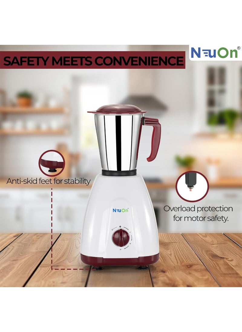NeuOn Elite 500 Watt Mixer grinder for Kitchen with 3 Jars Countertop Blender with 3 Speed Levels Stainless Steel Blade Multipurpose Grinding Wet Dry Masala Chutney and Smoothie