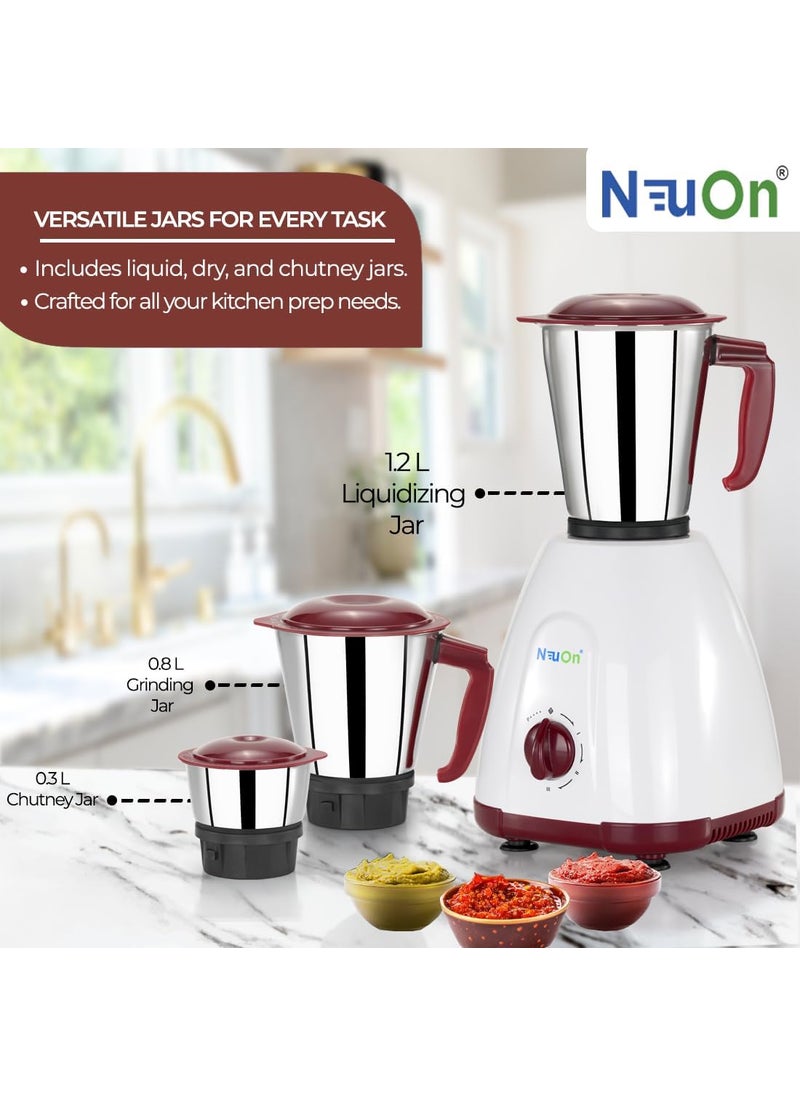 NeuOn Elite 500 Watt Mixer grinder for Kitchen with 3 Jars Countertop Blender with 3 Speed Levels Stainless Steel Blade Multipurpose Grinding Wet Dry Masala Chutney and Smoothie