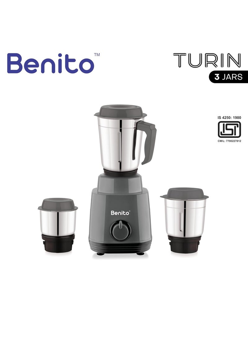 Benito TURIN 550W Mixer Grinder with 3 Stainless Steel Jars HeavyDuty Shockproof ABS Body Powerful Motor with HighSpeed Grinding Technology Elegant Gray Black Finish 1Year Warranty