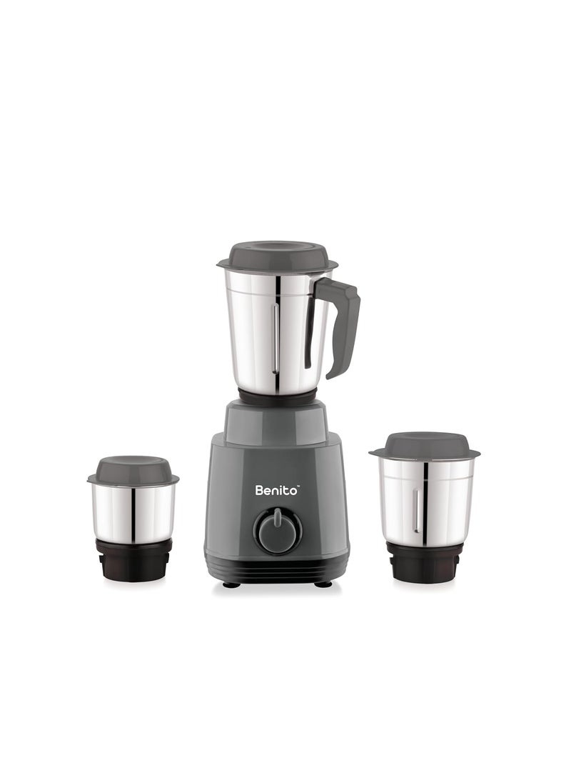 Benito TURIN 550W Mixer Grinder with 3 Stainless Steel Jars HeavyDuty Shockproof ABS Body Powerful Motor with HighSpeed Grinding Technology Elegant Gray Black Finish 1Year Warranty