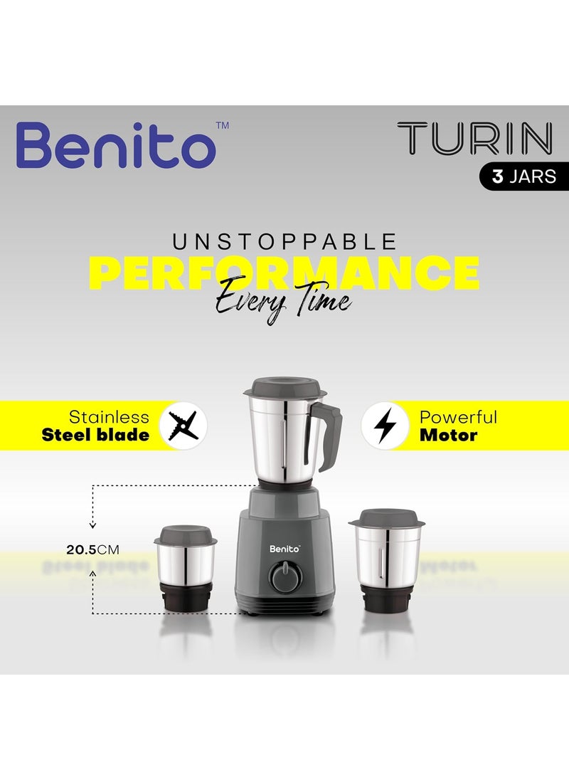 Benito TURIN 550W Mixer Grinder with 3 Stainless Steel Jars HeavyDuty Shockproof ABS Body Powerful Motor with HighSpeed Grinding Technology Elegant Gray Black Finish 1Year Warranty