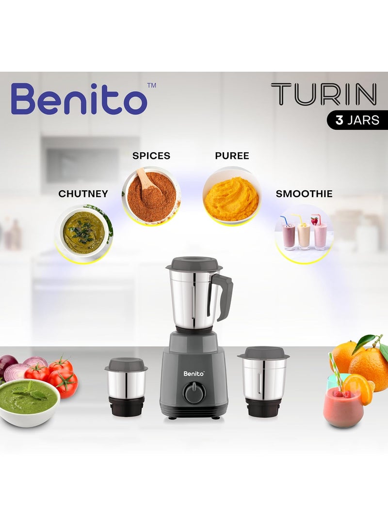 Benito TURIN 550W Mixer Grinder with 3 Stainless Steel Jars HeavyDuty Shockproof ABS Body Powerful Motor with HighSpeed Grinding Technology Elegant Gray Black Finish 1Year Warranty