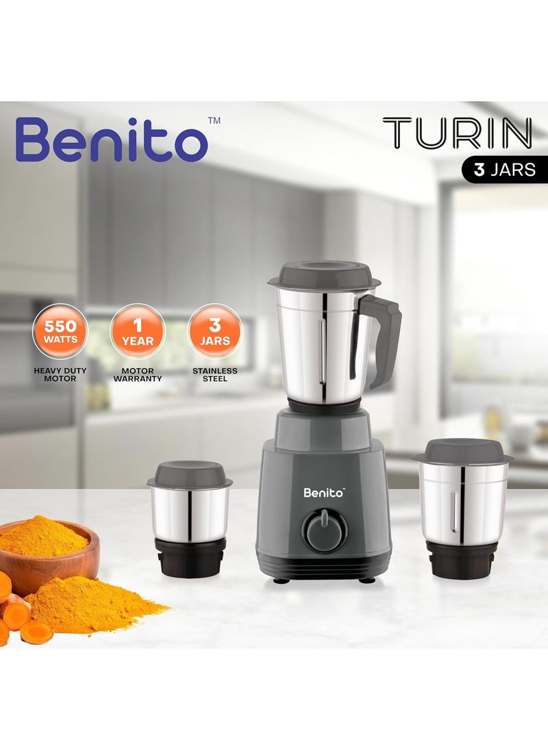 Benito TURIN 550W Mixer Grinder with 3 Stainless Steel Jars HeavyDuty Shockproof ABS Body Powerful Motor with HighSpeed Grinding Technology Elegant Gray Black Finish 1Year Warranty