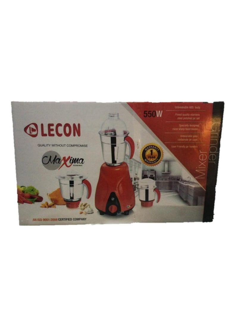 LECON Mini Jumbo 550 Watts Three Speed Copper Motor With Incher Mixer Grinder TWO YEAR WARRANTY Three Jar White Red