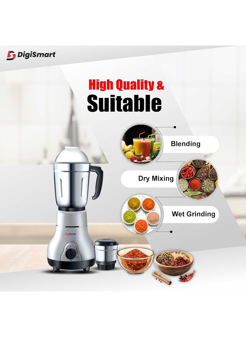 DigiSmart Kitchen Mate Powerful 600 Watt Mixer Grinder Gray and Black 2 Jar Comes With 2 Year Warranty BLACK GRAY