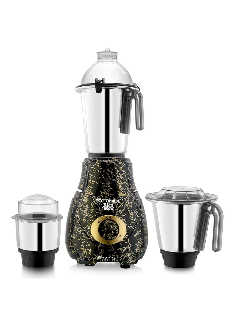 Rotomix New Excellent Model RIAA 1000 WattsMixer Grinder with 3 Heavy Aluminium Base Stainless Steel Jars Dry Chutney and Liquid Jar GoldBlack S3J Company 37 Years of Servicing