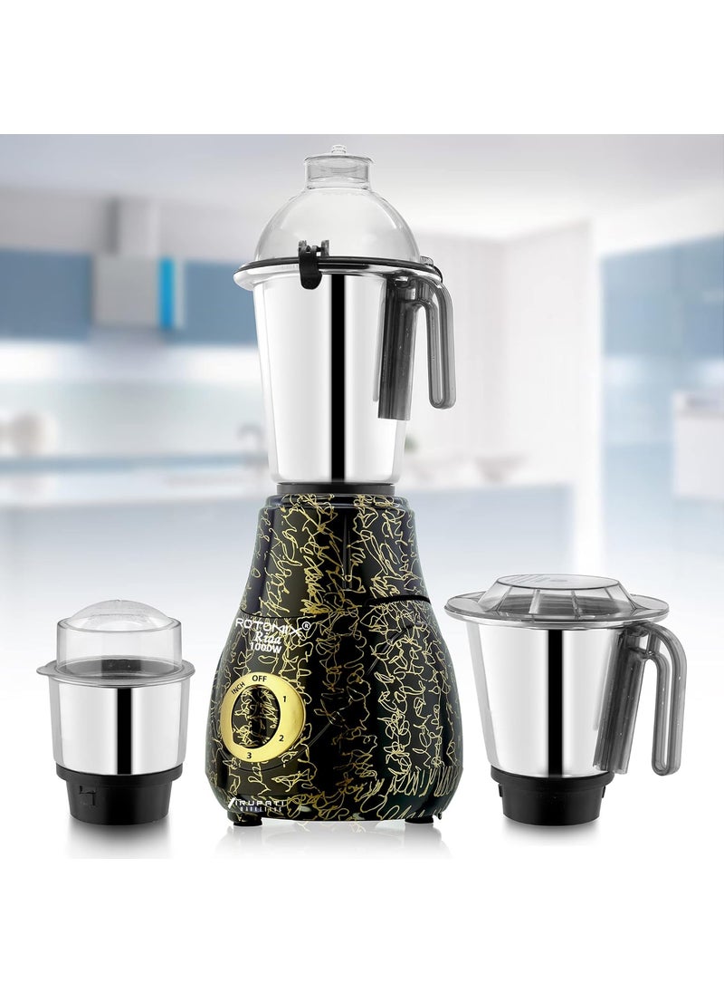 Rotomix New Excellent Model RIAA 1000 WattsMixer Grinder with 3 Heavy Aluminium Base Stainless Steel Jars Dry Chutney and Liquid Jar GoldBlack S3J Company 37 Years of Servicing