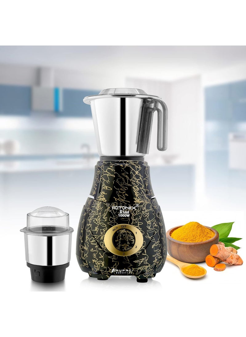 Rotomix New Excellent Model RIAA 1000 WattsMixer Grinder with 3 Heavy Aluminium Base Stainless Steel Jars Dry Chutney and Liquid Jar GoldBlack S3J Company 37 Years of Servicing