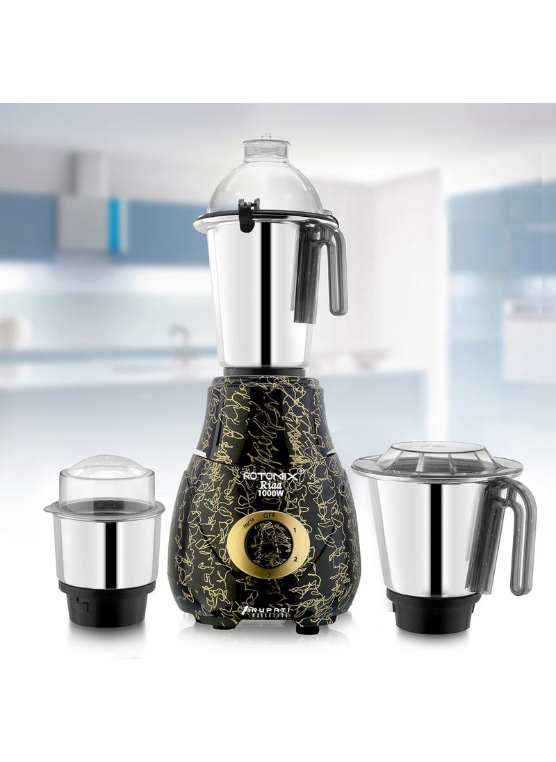 Rotomix New Excellent Model RIAA 1000 WattsMixer Grinder with 3 Heavy Aluminium Base Stainless Steel Jars Dry Chutney and Liquid Jar GoldBlack S3J Company 37 Years of Servicing