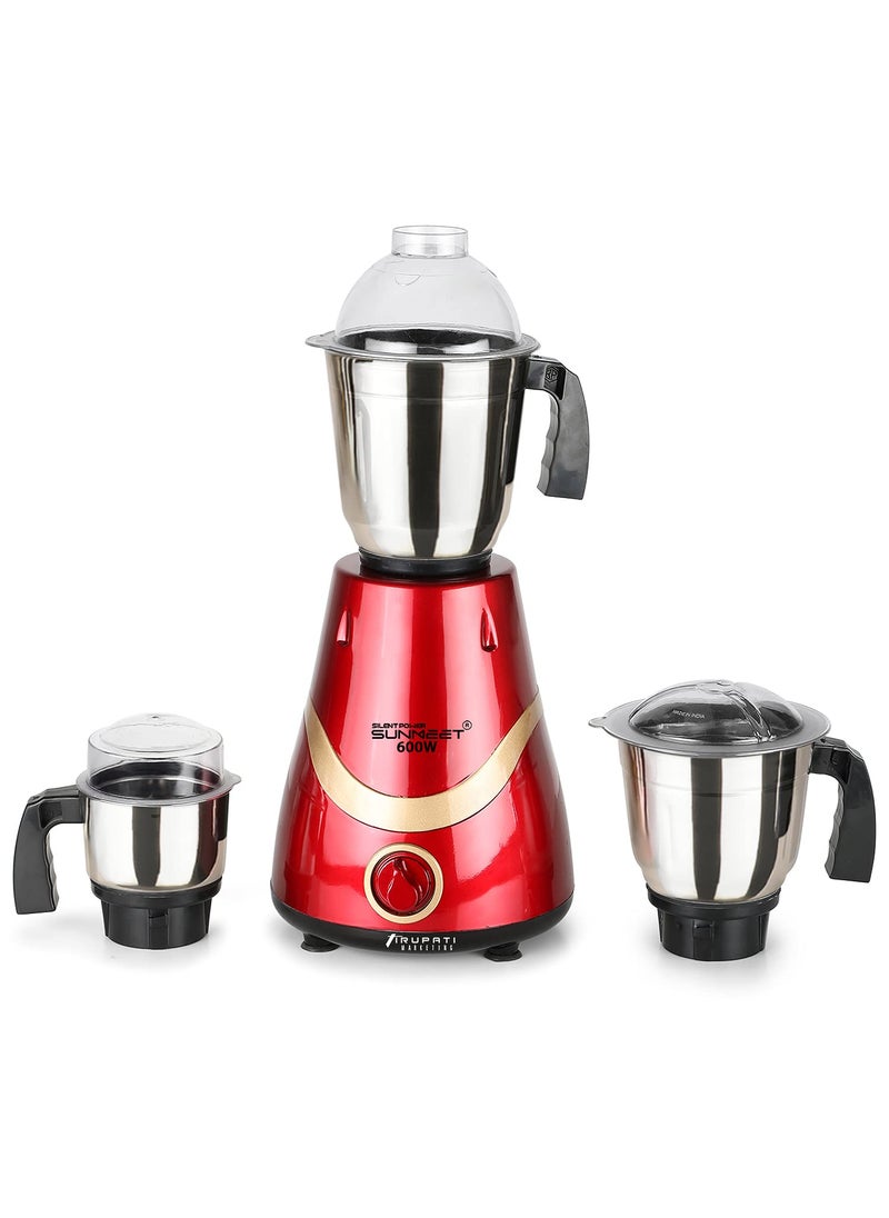 SilentPowerSunmeet NECKLACE 600W Mixer Grinder with 3 Stainless Steel Jars 1 Wet Jar 1 Dry Jar and 1 Chutney Jar REDGOLDMake In IndiaISI Certified