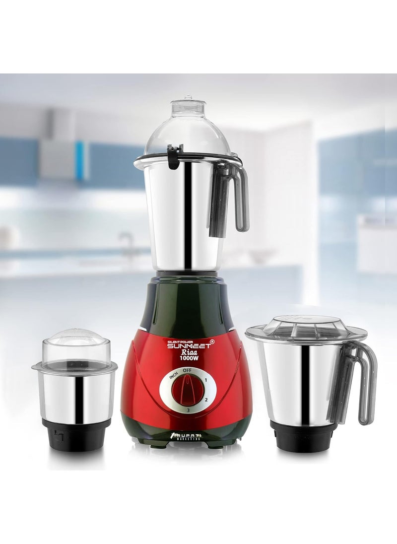 SilentPowerSunmeet New Excellent Model RIAA 1000 WattsMixer Grinder with 3 Heavy Aluminium Base Stainless Steel Jars Dry Chutney and Liquid RedBlack S3J 37 Years of Servicing