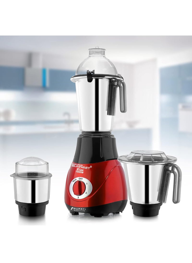 SilentPowerSunmeet New Excellent Model RIAA 1000 WattsMixer Grinder with 3 Heavy Aluminium Base Stainless Steel Jars Dry Chutney and Liquid RedBlack S3J 37 Years of Servicing