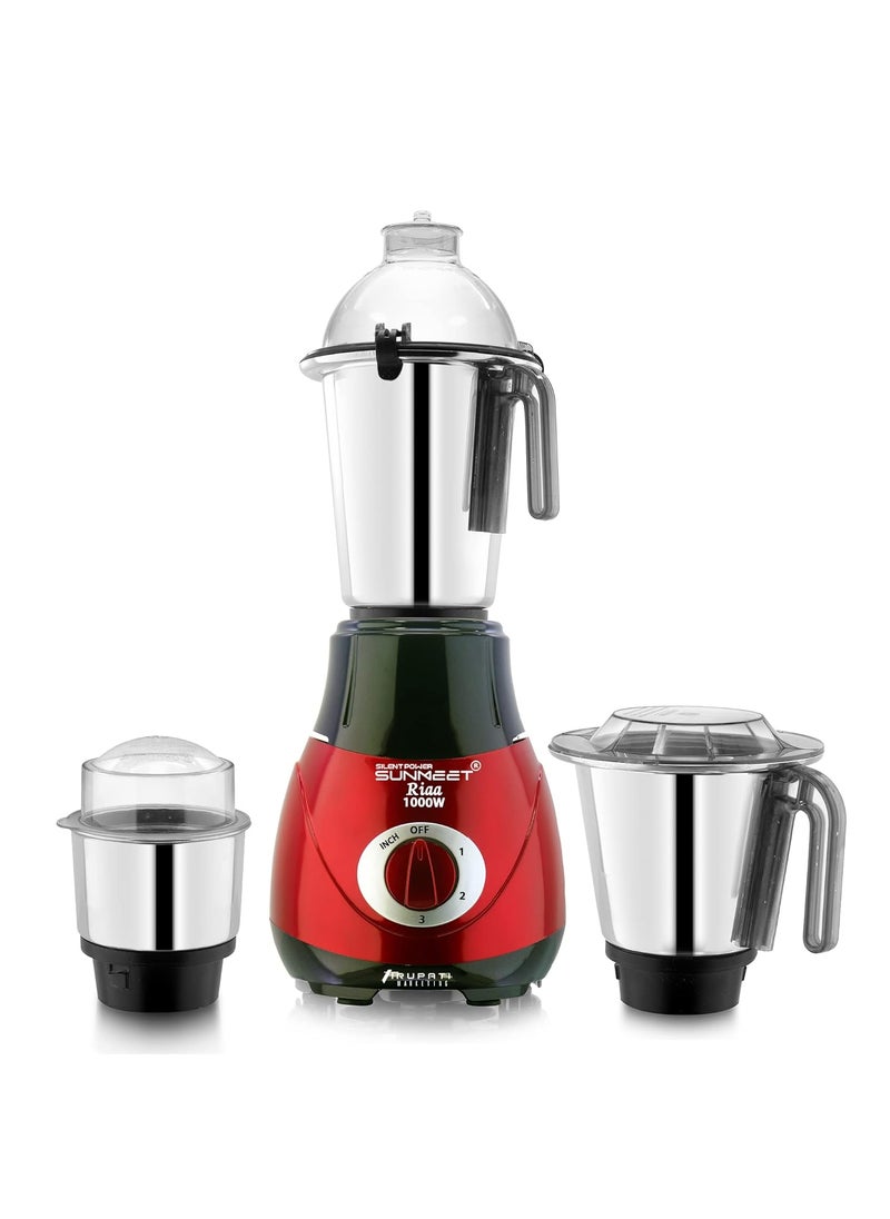 SilentPowerSunmeet New Excellent Model RIAA 1000 WattsMixer Grinder with 3 Heavy Aluminium Base Stainless Steel Jars Dry Chutney and Liquid RedBlack S3J 37 Years of Servicing