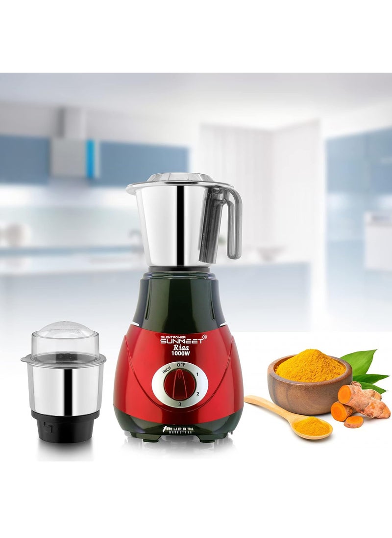 SilentPowerSunmeet New Excellent Model RIAA 1000 WattsMixer Grinder with 3 Heavy Aluminium Base Stainless Steel Jars Dry Chutney and Liquid RedBlack S3J 37 Years of Servicing