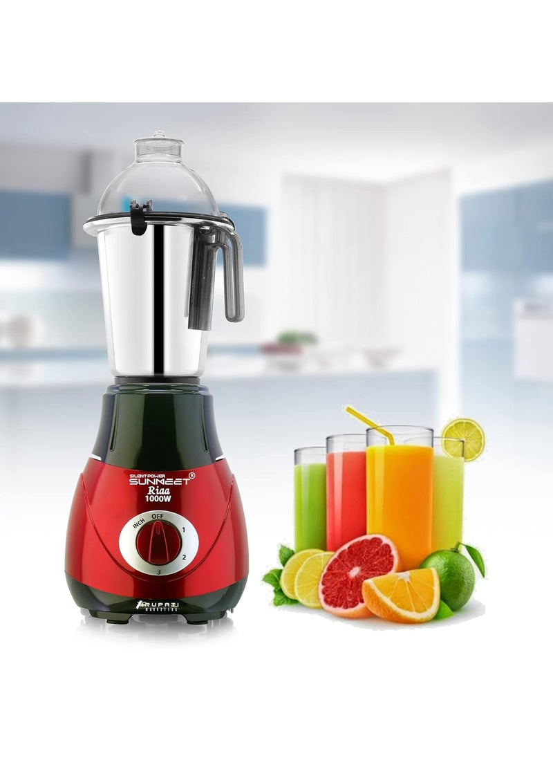 SilentPowerSunmeet New Excellent Model RIAA 1000 WattsMixer Grinder with 3 Heavy Aluminium Base Stainless Steel Jars Dry Chutney and Liquid RedBlack S3J 37 Years of Servicing