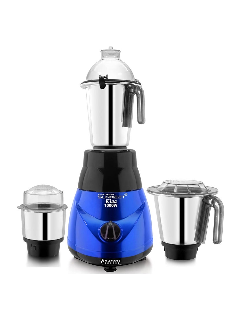 SilentPowerSunmeet New Model Traditional KIAA 1000 Watts 2 Years Warranty 100 Copper MotorMixer Grinder with 3 Heavy Aluminium base Stainless Steel Jars Dry Chutney and Liquid BlueBlack S3J 37 Years of Servicing