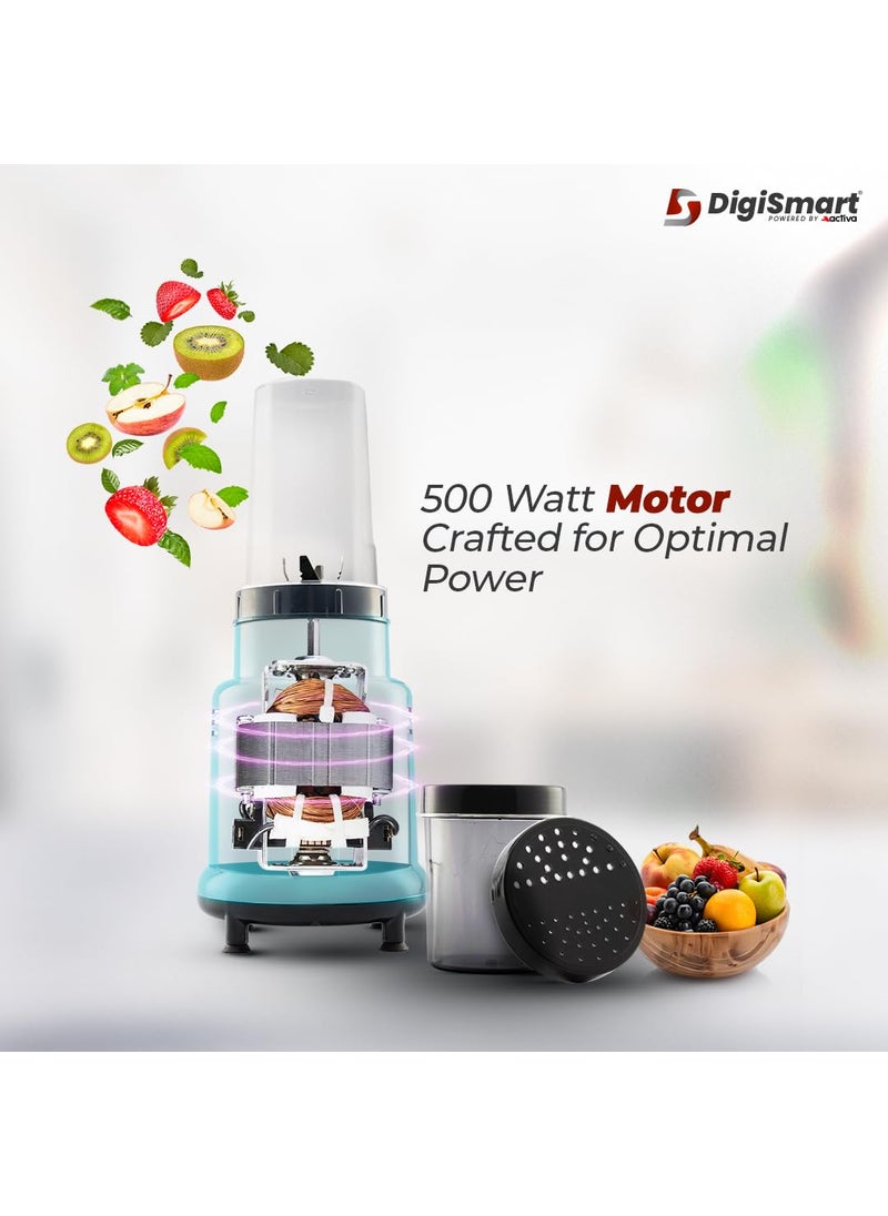 DIGISMART Mix Nutri Mixer Grinder With 2 Jar 500 Watt Long Lasting Shock Proof ABS Body 20 MM Heavy Duty Motor With Nano Grinding Technology Surgical Steel Blending with 2 Years Warranty