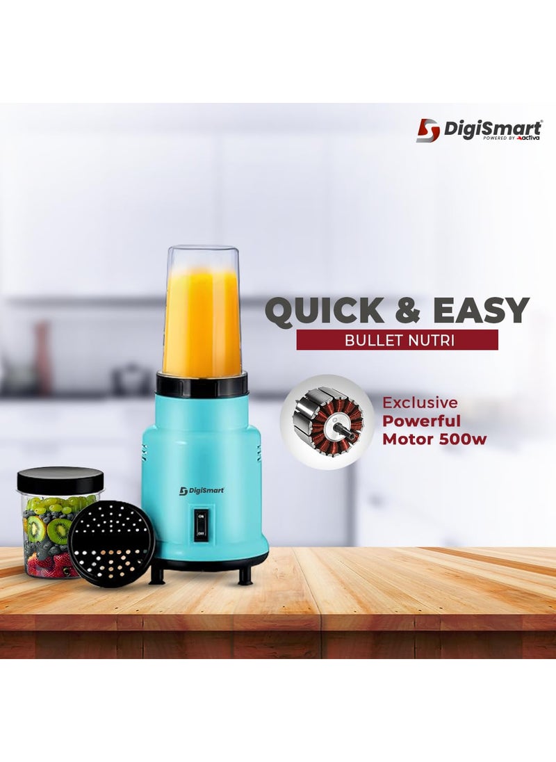 DIGISMART Mix Nutri Mixer Grinder With 2 Jar 500 Watt Long Lasting Shock Proof ABS Body 20 MM Heavy Duty Motor With Nano Grinding Technology Surgical Steel Blending with 2 Years Warranty
