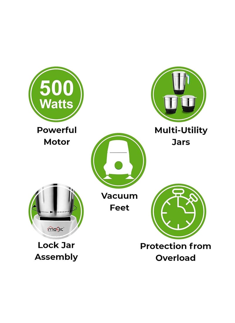 MAGIC 500W Mixer Grinder Kitchen Kraft With 3 SS jars Longer life Balanced Coil Motor ABS Body Dry Wet Grind