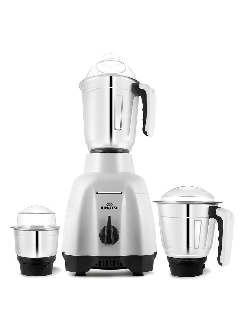 Kimatsu Soffia MG650 Watt Mixer Grinder with 3 Stainless Steel Leakproof Jars Liquidizing Dry Chutney Jar 3 Speed Pulse function 3 Years Warranty on motor White and Grey