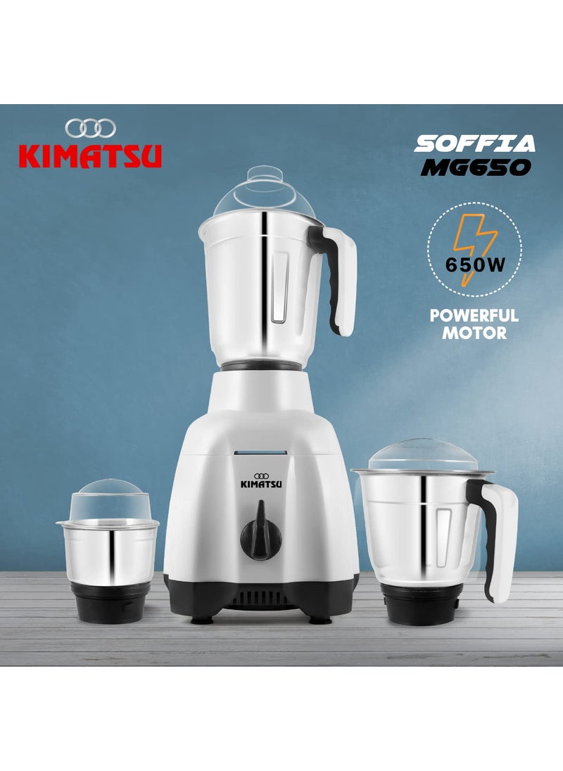 Kimatsu Soffia MG650 Watt Mixer Grinder with 3 Stainless Steel Leakproof Jars Liquidizing Dry Chutney Jar 3 Speed Pulse function 3 Years Warranty on motor White and Grey