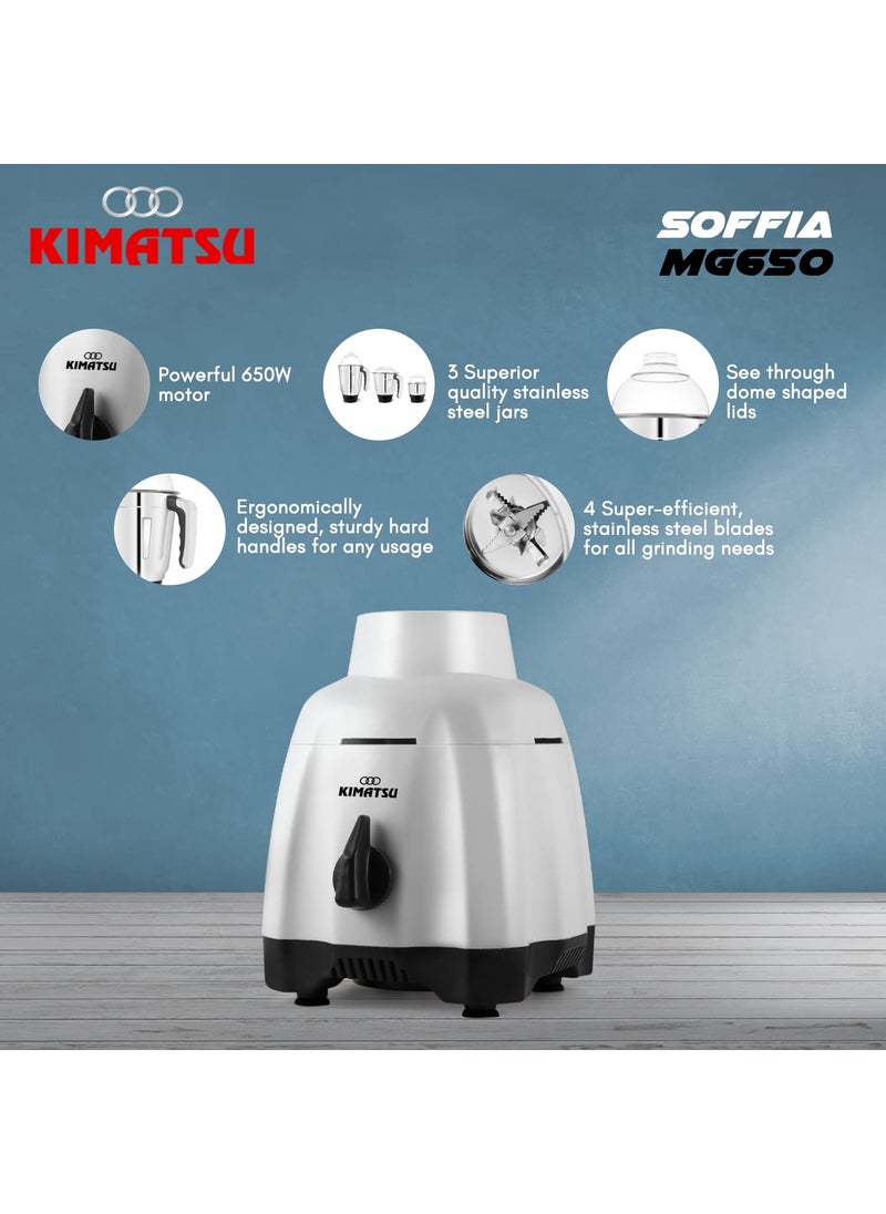 Kimatsu Soffia MG650 Watt Mixer Grinder with 3 Stainless Steel Leakproof Jars Liquidizing Dry Chutney Jar 3 Speed Pulse function 3 Years Warranty on motor White and Grey