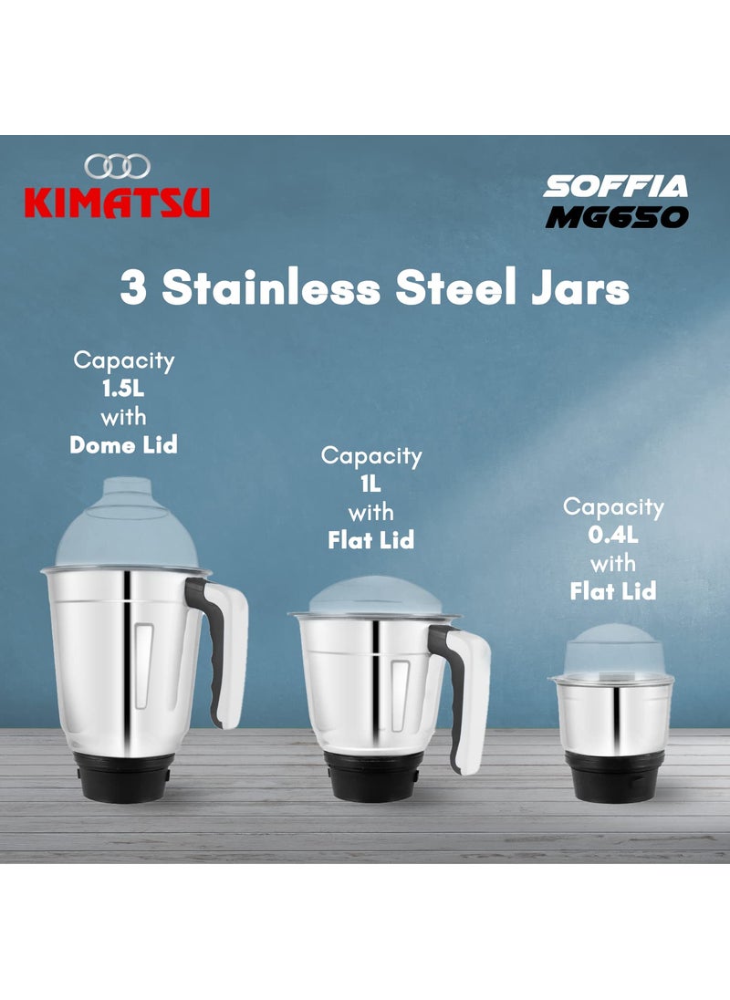 Kimatsu Soffia MG650 Watt Mixer Grinder with 3 Stainless Steel Leakproof Jars Liquidizing Dry Chutney Jar 3 Speed Pulse function 3 Years Warranty on motor White and Grey