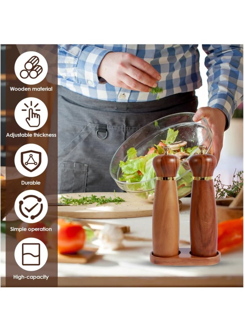 Wood Salt and Pepper Grinder Set with Base Coarseness Adjustable Salt Pepper Mill Grinder Manual Salt and Pepper Shakers with Ceramic Core Practical Mill Grinder Set Pepper Mill for Home Kitchen