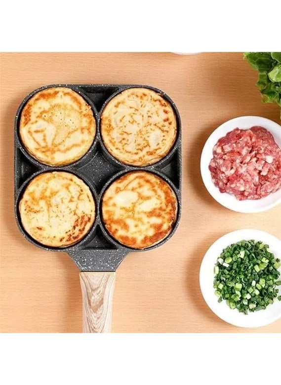 Drumil 4 Holes NonStick Egg Frying Pan with Detachable Wooden Handle Multipurpose Frying Pan for Omelet Uttapam Idli Burger Poached Egg Kitchen Breakfast