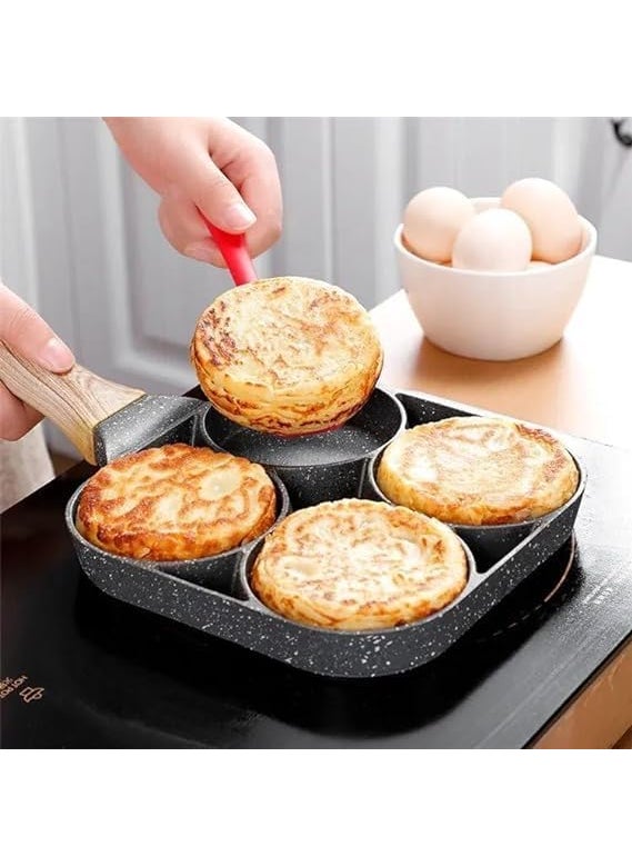 Drumil 4 Holes NonStick Egg Frying Pan with Detachable Wooden Handle Multipurpose Frying Pan for Omelet Uttapam Idli Burger Poached Egg Kitchen Breakfast