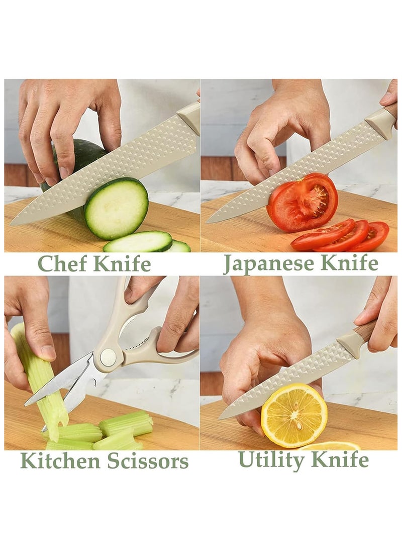 6-Piece Khaki Stainless Steel Kitchen Knife Set with Non-Slip Handles & Universal Knife Block – Sharp, Non-Stick Chef Knives for Home & Restaurant Use
