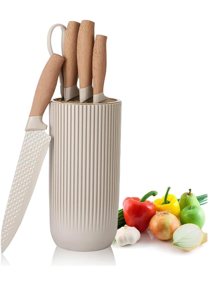 6-Piece Khaki Stainless Steel Kitchen Knife Set with Non-Slip Handles & Universal Knife Block – Sharp, Non-Stick Chef Knives for Home & Restaurant Use