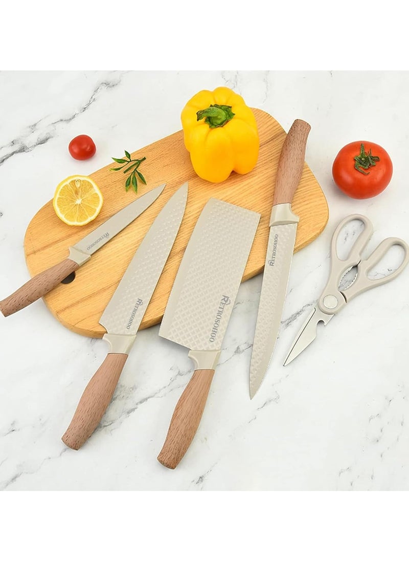 6-Piece Khaki Stainless Steel Kitchen Knife Set with Non-Slip Handles & Universal Knife Block – Sharp, Non-Stick Chef Knives for Home & Restaurant Use
