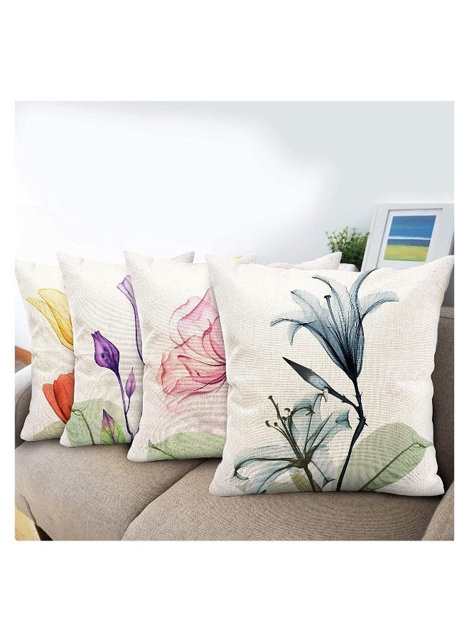 Floral Decorative Pillow Covers 18 x 18 Inches Linen Cushion Cases for Living Room Sofa Patio Outdoor Home Decor Ink Flower Printed Pillowcase for Sofa Bedside Office